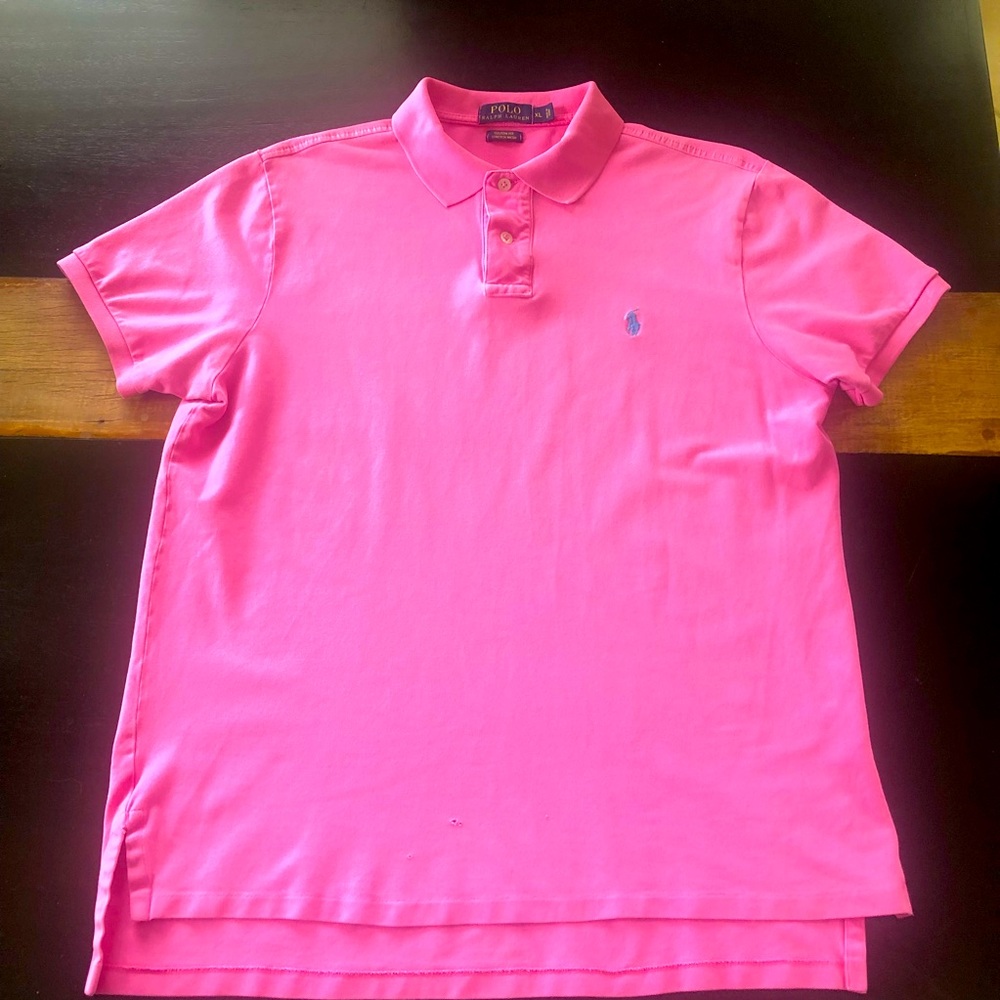 Polo shirt. Custom fit Stretch Mesh. Pink color with embroidered Lavender pony.